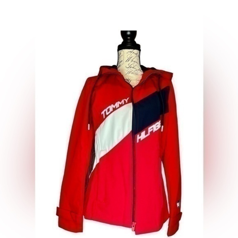 Tommy Hilfiger Red Soft Shell Hooded Wind Jacket Full Zip Size small